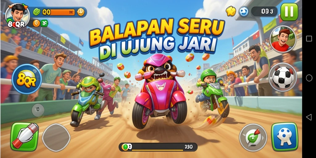 Tangkapan layar 8QR menampilkan aksi balapan yang mendebarkan.