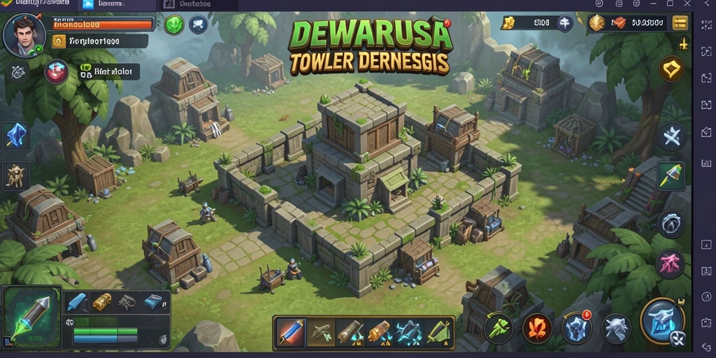 Screenshot gameplay DEWANUSA menampilkan menara dan musuh yang berinteraksi.