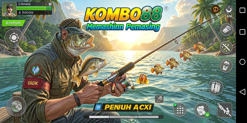 Screenshot gameplay KOMBO88 menampilkan momen menangkap ikan yang menegangkan.