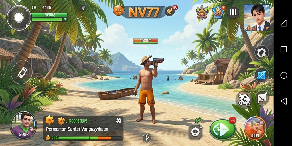 Tampilan gameplay NV77 yang ceria dan penuh warna.