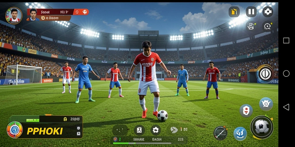 Tampilan gameplay PPHOKI dengan aksi sepak bola yang memukau.