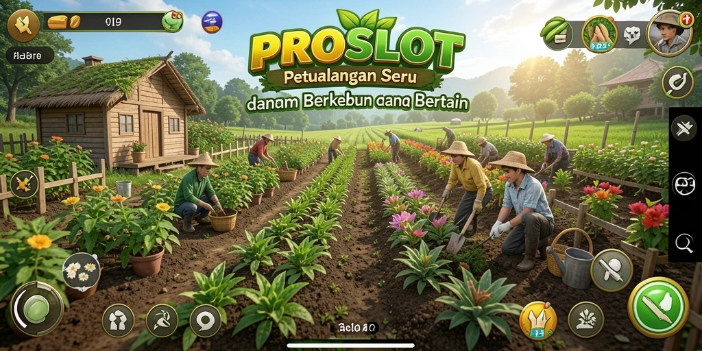 Screenshot gameplay PROSLOT yang menampilkan kebun yang subur dan hewan ternak.