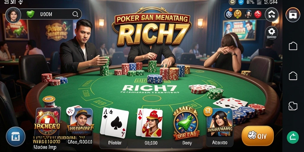 Screenshot gameplay RICH7 menampilkan suasana poker yang mendebarkan.
