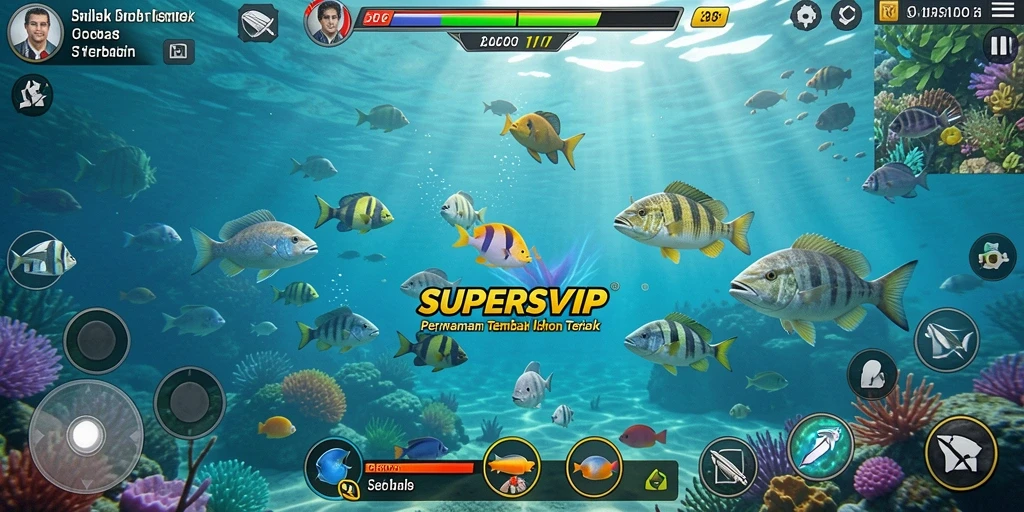 Tangkapan layar gameplay seru dari SUPERSVIP yang menunjukkan aksi menembak ikan.