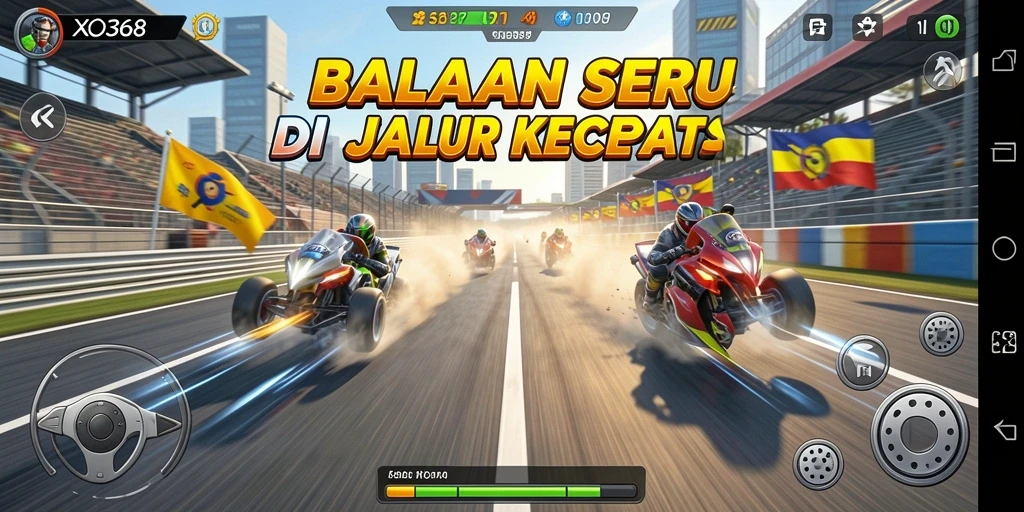 Screenshot gameplay XO368 menampilkan balapan penuh aksi dan kendaraan tercepat.